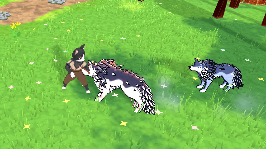 El gatito peleando contra dos lobos en la pradera
